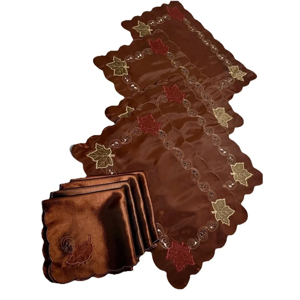 Vtg Bronze Cutwork Fall Leaf Placemats & Napkins w Scalloped Edges Silky Elegant